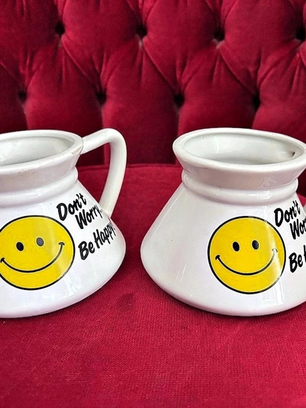 White & Yellow Don't Worry Be Happy Mug Set - Russ Berrie Commuter No Spill Mug